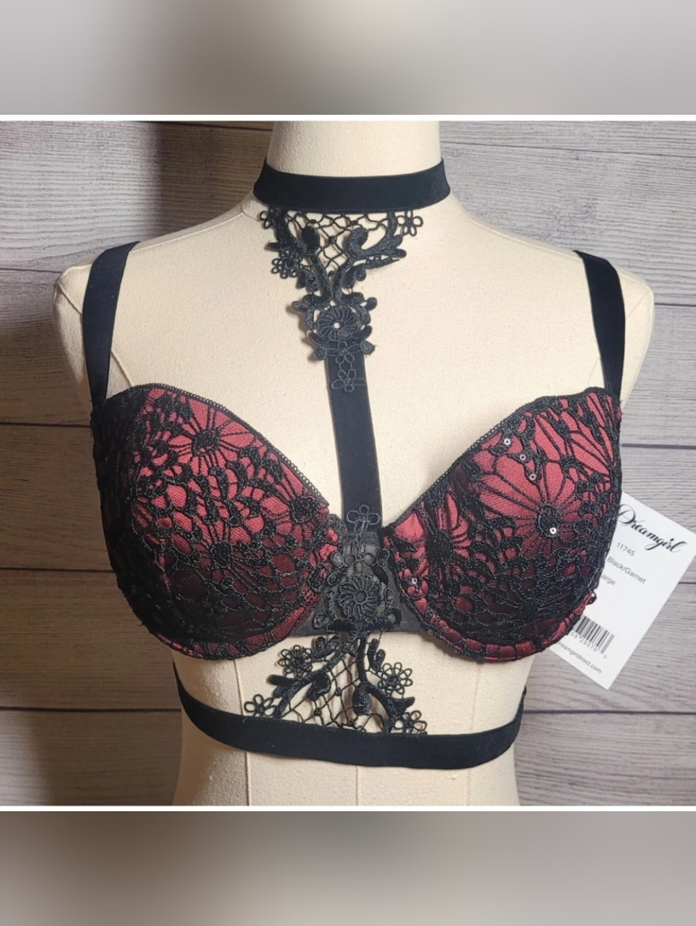 Black Lace-Overlay Red Push-Up Bra with Decorative Harness
